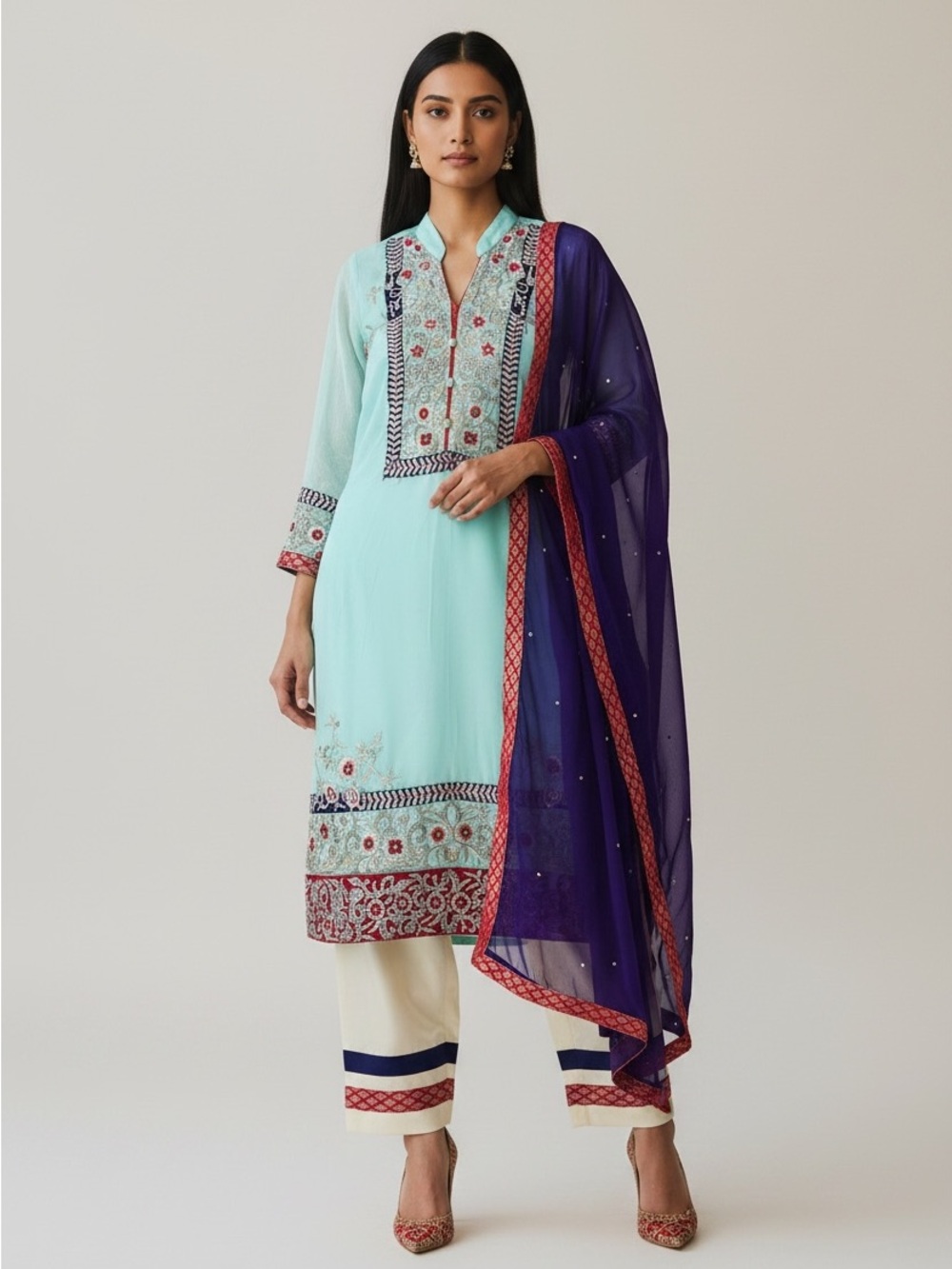 Hand Embroidered  Pakistani Suit with Purple Dupatta and pants